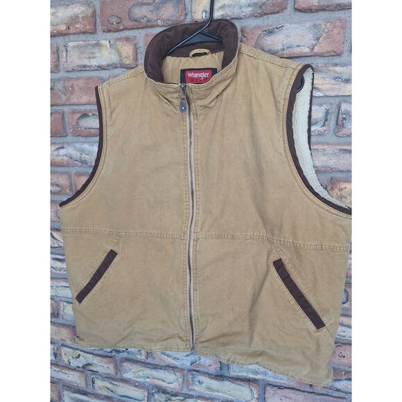 Wrangler Hero Khaki Trucker Sherpa Lined Canvas Winter Vest  Mens XXL - Amazing! - Picture 1 of 7